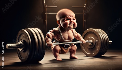 comically exaggerated muscles in a dramatic gym-like setting, attempting to lift an oversized barbell. The baby has a fierce