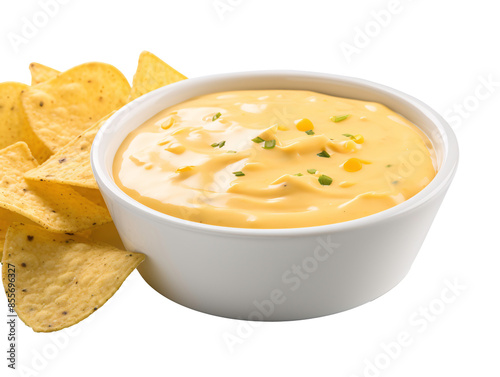 a bowl of cheese dip and chips