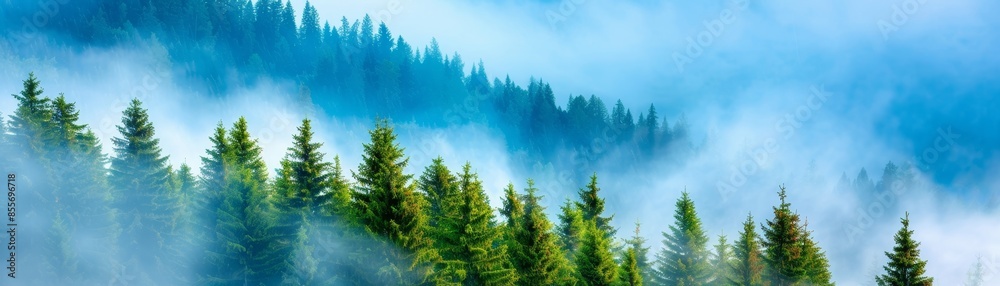 Fototapeta premium misty mountain forest with sunlight filtering through the trees.