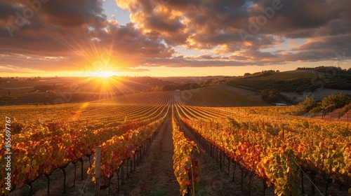 A sunlit vineyard with a beautiful sunset in the background photo