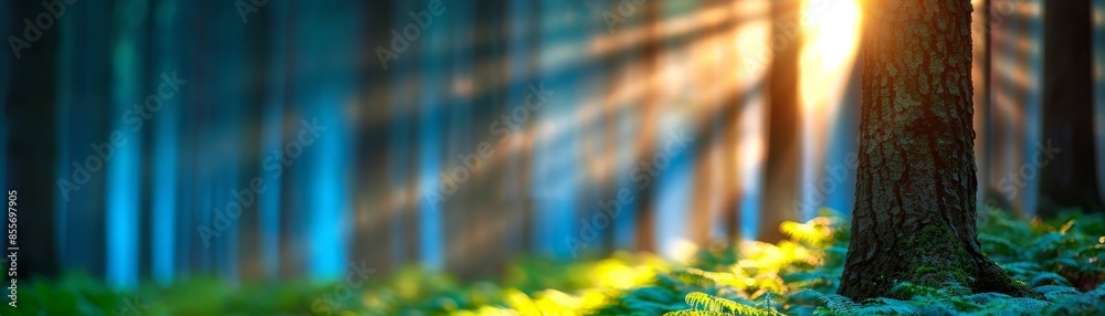 Fototapeta premium sunbeams through forest trees and ferns.