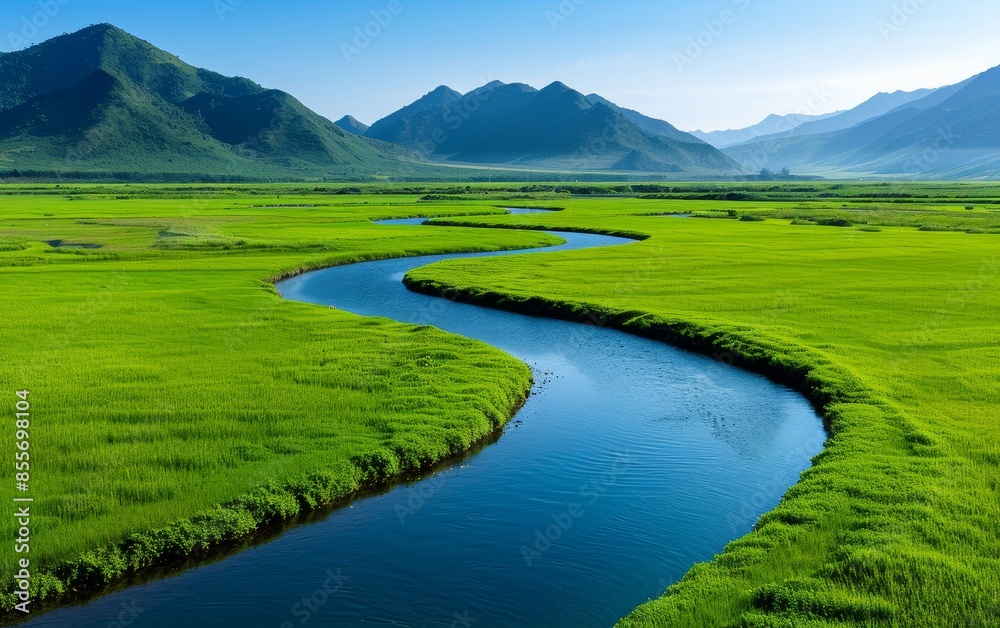 winding river through green valley and mountains.