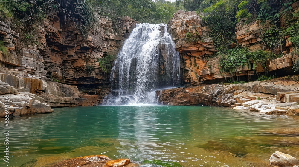 Naklejka premium A waterfall is flowing into a small pool of water