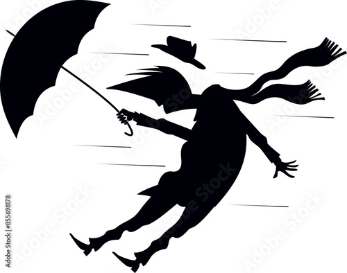 Man, umbrella and windy and rainy day. Art silhouette.
Funny man with umbrella staying on the strong wind and lost his hat. Black and white
