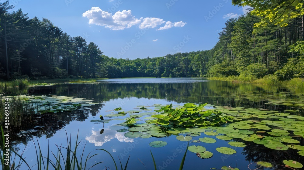 Fototapeta premium A lake with a lot of lily pads floating on it
