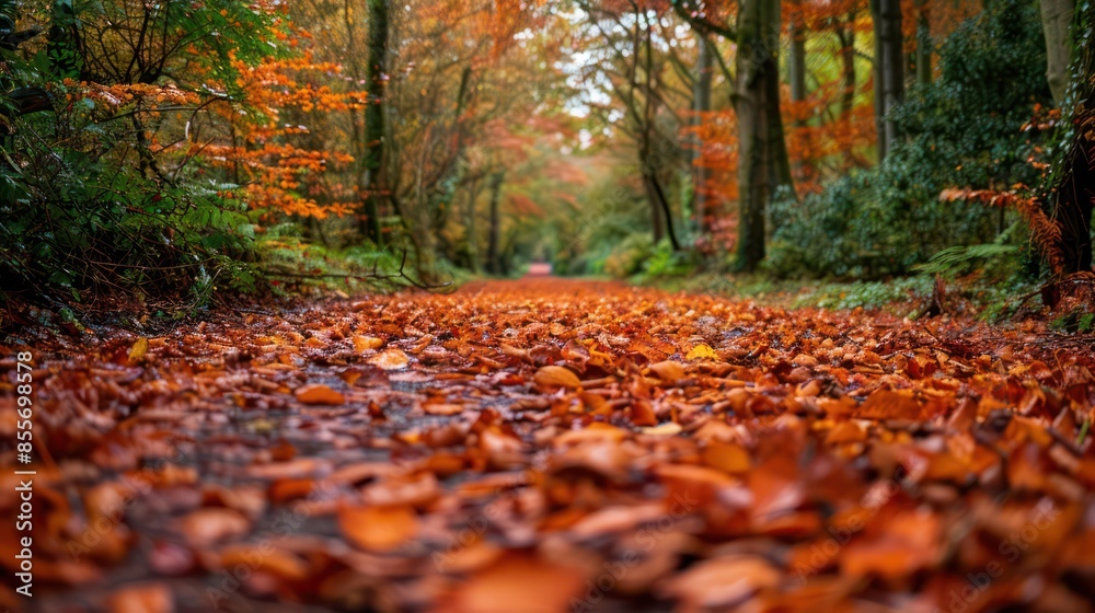 A tranquil autumn scene with fallen leaves covering a forest path. A tranquil autumn scene with fallen leaves covering a forest path.