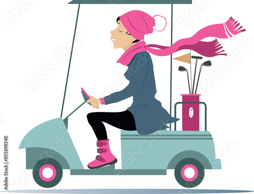 Golfer woman rides the golf cart.
Cold weather. Young golfer woman in the hat and scarf going to play golf in the golf cart. White background
