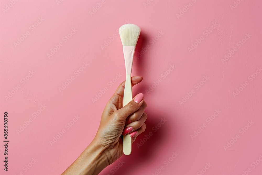 A top view of a woman's hand holding a facial mask brush, showcasing a tool for smooth and even application of skincare products.