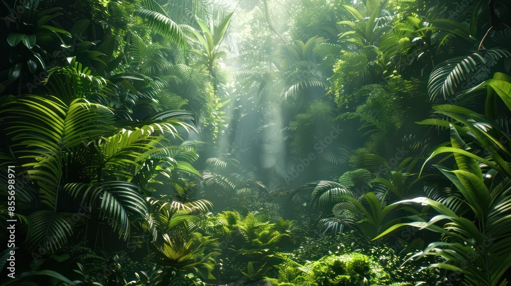A lush green jungle with sunlight shining through the trees A lush green jungle with sunlight shining through the trees