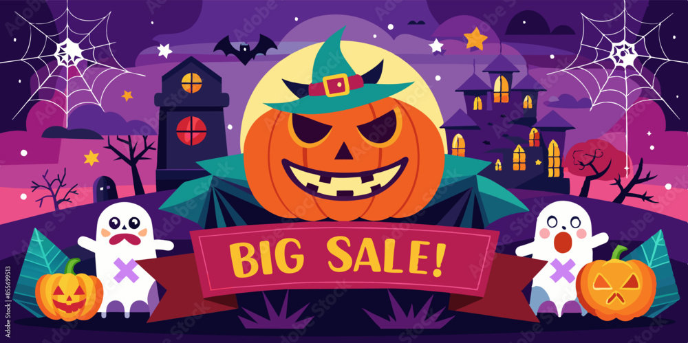A halloween banner with pumpkin, witch hat, and ghosts A halloween banner with pumpkin, witch hat, and ghosts
