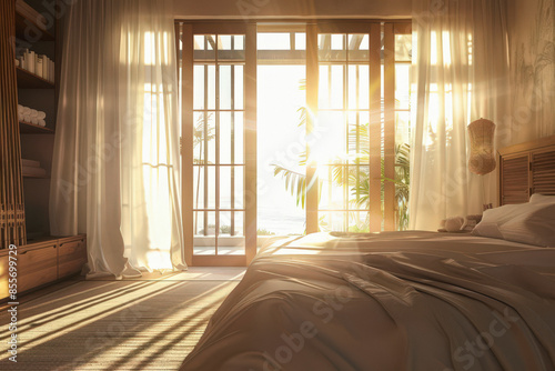 Interior design of a hotel villa room, mediterranean style, beside the beach, beautiful sunlight shining through. Cozy colors, and abundance of lighting