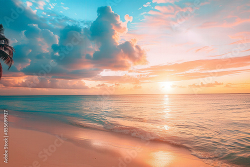 Summer closeup sunset sea sky landscape. Colorful ocean beach sunrise. Beautiful beach reflections calm waves, soft sandy beach.