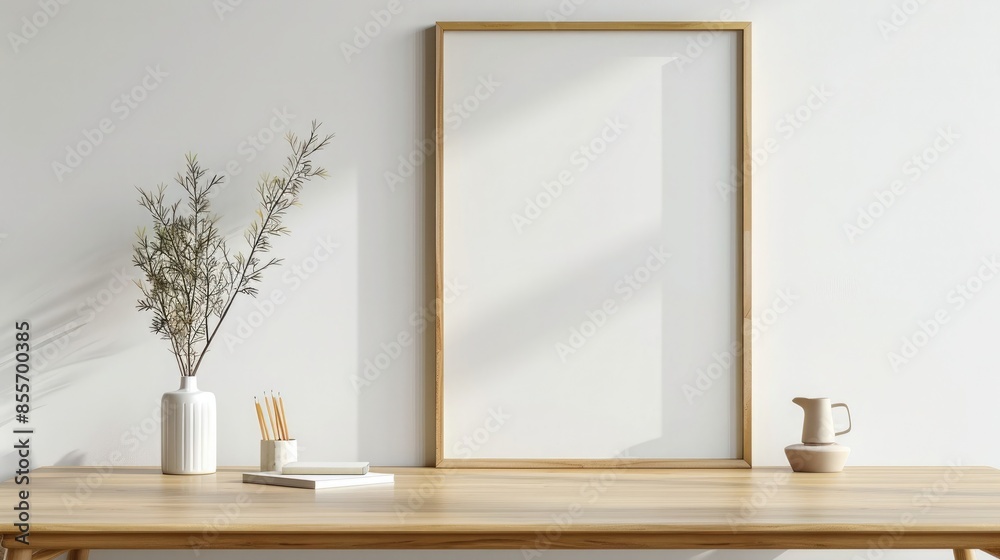 Interior of modern living room with white walls, concrete floor, wooden mock up poster frame and plants Interior of modern living room with white walls, concrete floor, wooden mock up poster frame and plants
