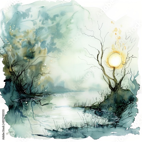 Watercolor painting of a will-o'-the-wisp, with a flickering orb of light leading travelers astray in a misty, on isolated white background, Generative AI photo