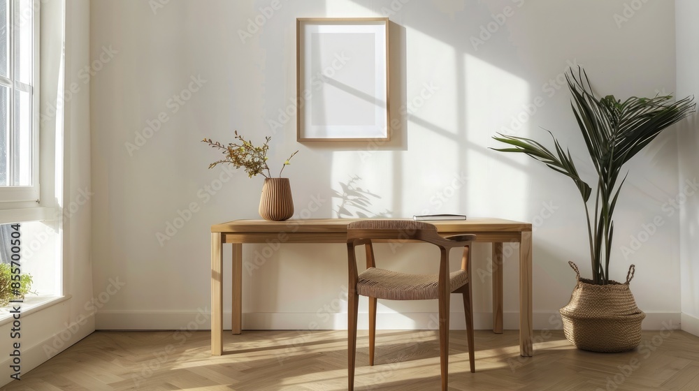 Fototapeta premium Interior of modern living room with white walls, concrete floor, wooden mock up poster frame and plants