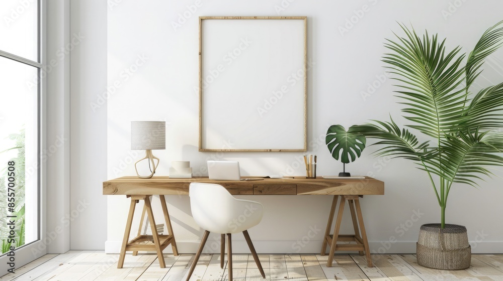 Interior of modern living room with white walls, concrete floor, wooden mock up poster frame and plants Interior of modern living room with white walls, concrete floor, wooden mock up poster frame and plants
