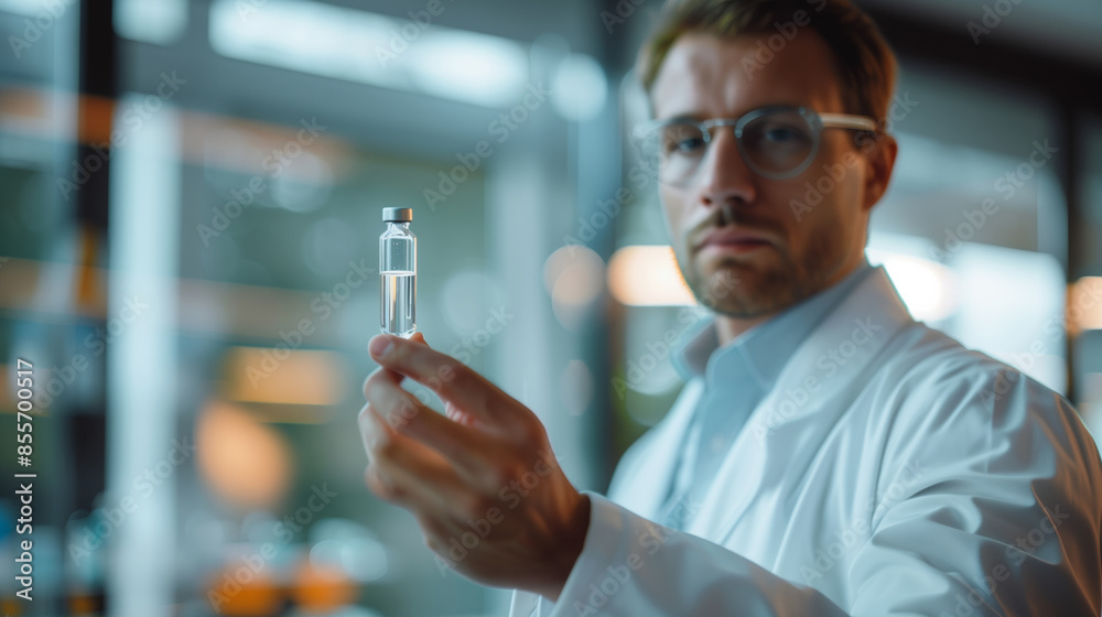 Scientist holding a glass vial of liquid in a lab setting. Scientist holding a glass vial of liquid in a lab setting.