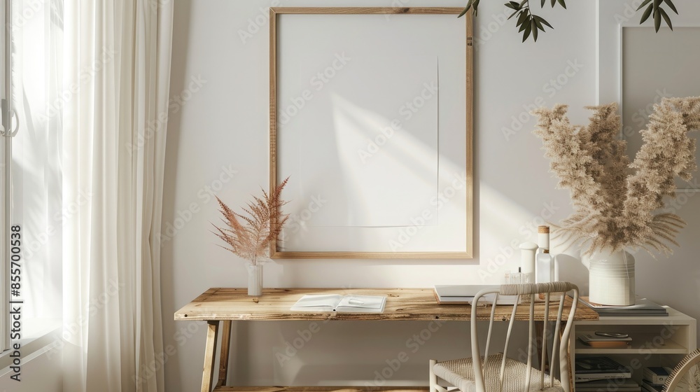 Interior of modern living room with white walls, concrete floor, wooden mock up poster frame and plants Interior of modern living room with white walls, concrete floor, wooden mock up poster frame and plants