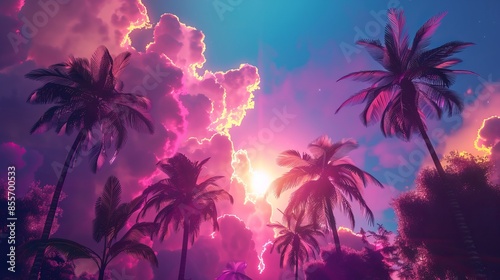 2D Illustration fantasy of neon palms on beautiful sky. Glowing colorful look like fairytale 