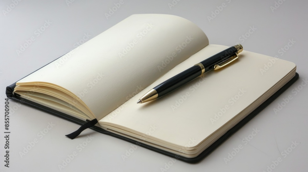 Notebook and pen combination contrasts with white surface Notebook and pen combination contrasts with white surface