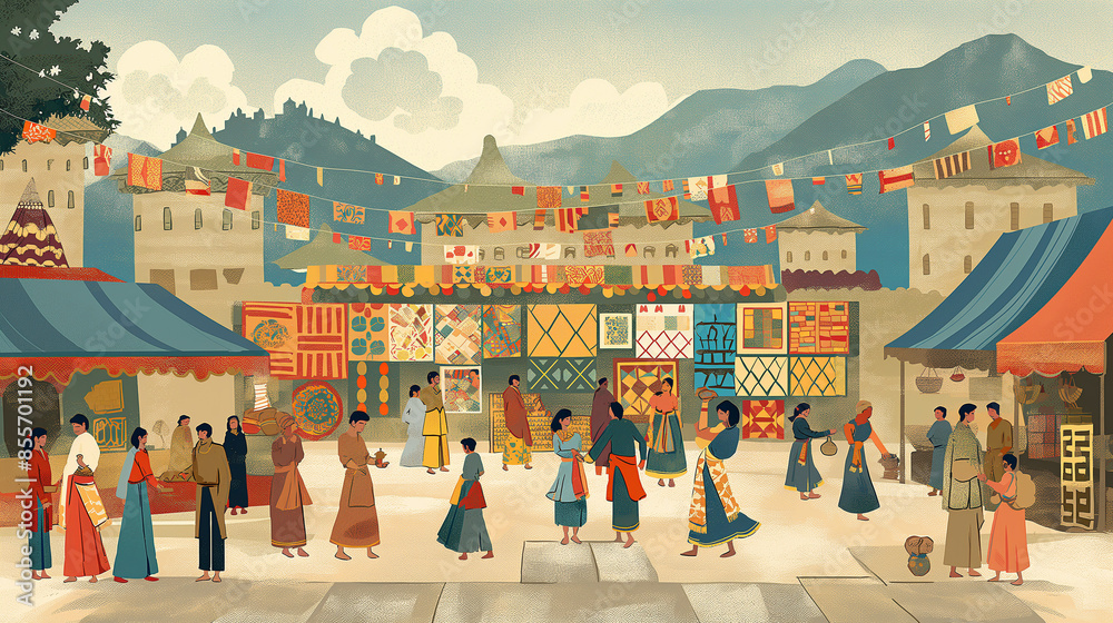 Obraz premium A group of people are walking down a street in a foreign country