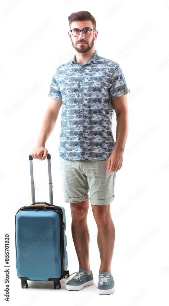 Full length profile shot of a tourist walking and pulling a suitcase isolated on white background. Full length profile shot of a tourist walking and pulling a suitcase isolated on white background.