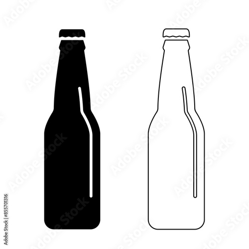 Beer or lemonade bottle icon, black outline and black silhouette isolated on white. Drink in closed bottle, line and stencil style. Vector clipart, minimalist sign or simple logo for bar and pub.