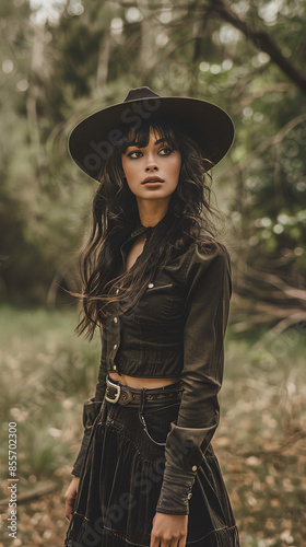 Full Body Shot of Woman with Dark Hair in Farm Outfit