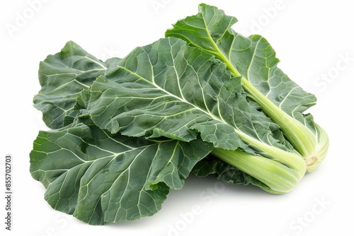 A realistic collard greens, fresh vegetable, detailed green leaves, isolated on white background