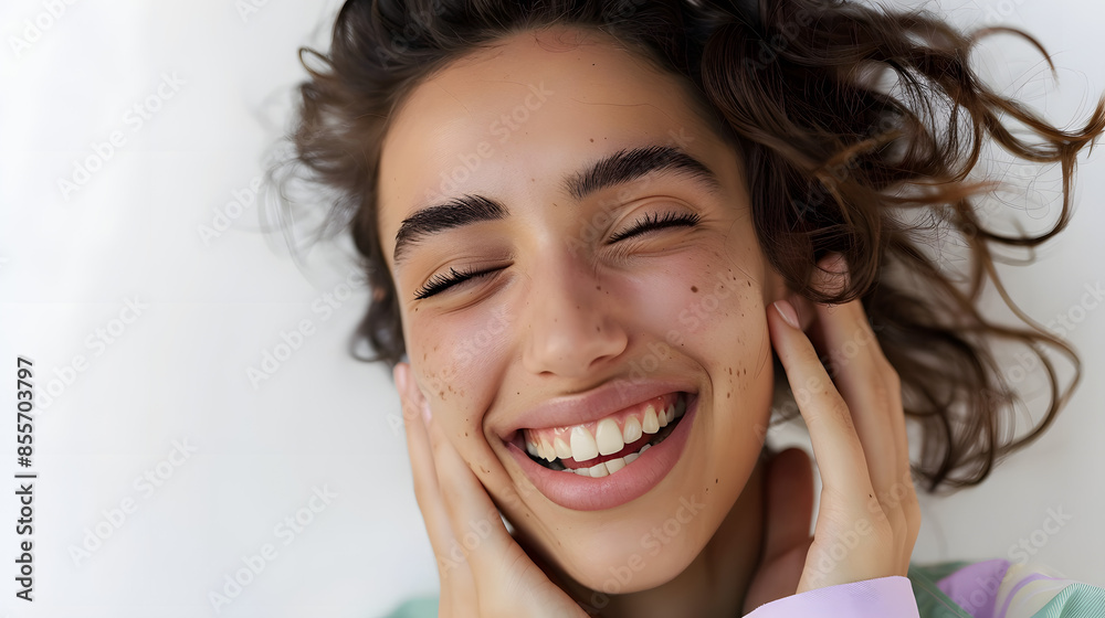 Close up portrait of happy girl face with combed hair, natural clean skin, smiling white teeth, laughing, standing against white background Close up portrait of happy girl face with combed hair, natural clean skin, smiling white teeth, laughing, standing against white background