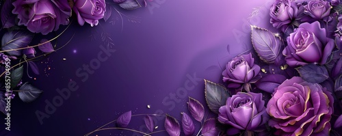 Elegant purple roses with green leaves on a matching purple background