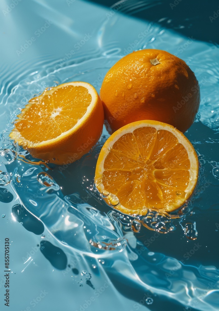 Fresh oranges in water on a blue background, summer refreshment concept Fresh oranges in water on a blue background, summer refreshment concept