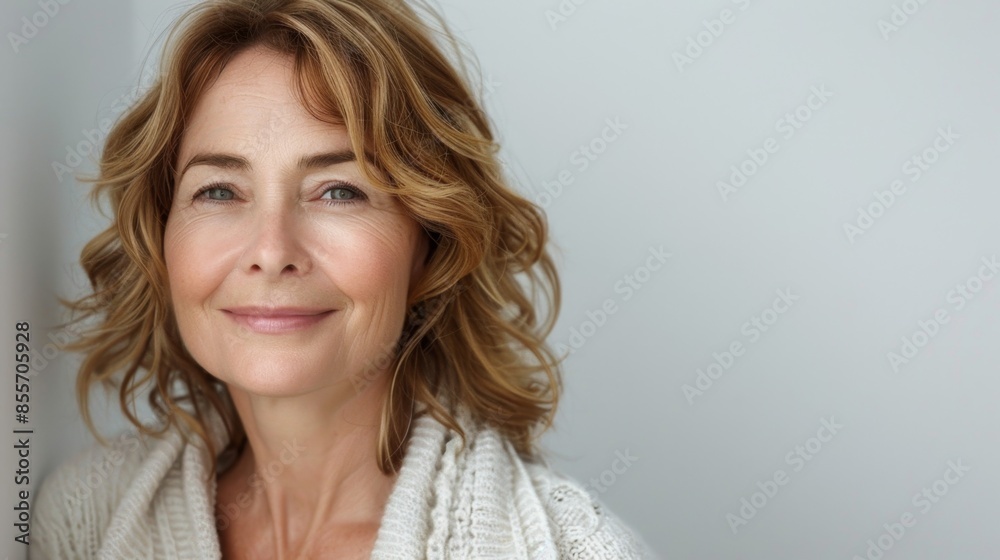 portrait of a beautiful middle-aged Caucasian woman with well-skinned face looks at the camera, studio portrait, white background. copyspace portrait of a beautiful middle-aged Caucasian woman with well-skinned face looks at the camera, studio portrait, white background. copyspace