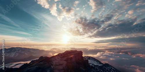 At the Top of the World above the clouds - Peak of a mountain with a view of a fantastic sunset and peach grey clouds, space for copy spiritual theme  photo