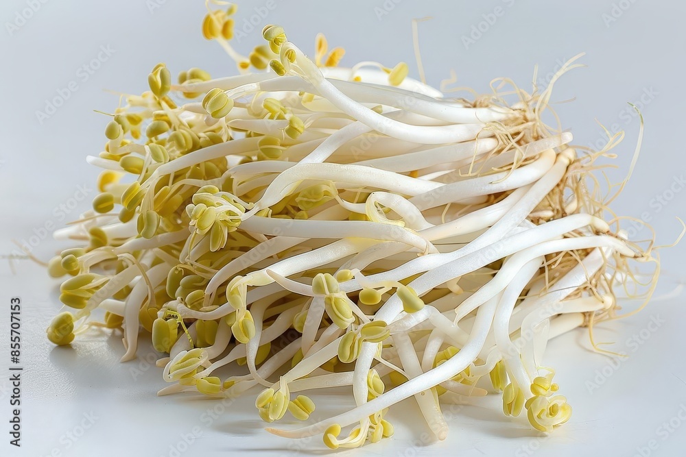 A realistic indoor mung bean sprouts, detailed sprouted leaves, isolated on white background