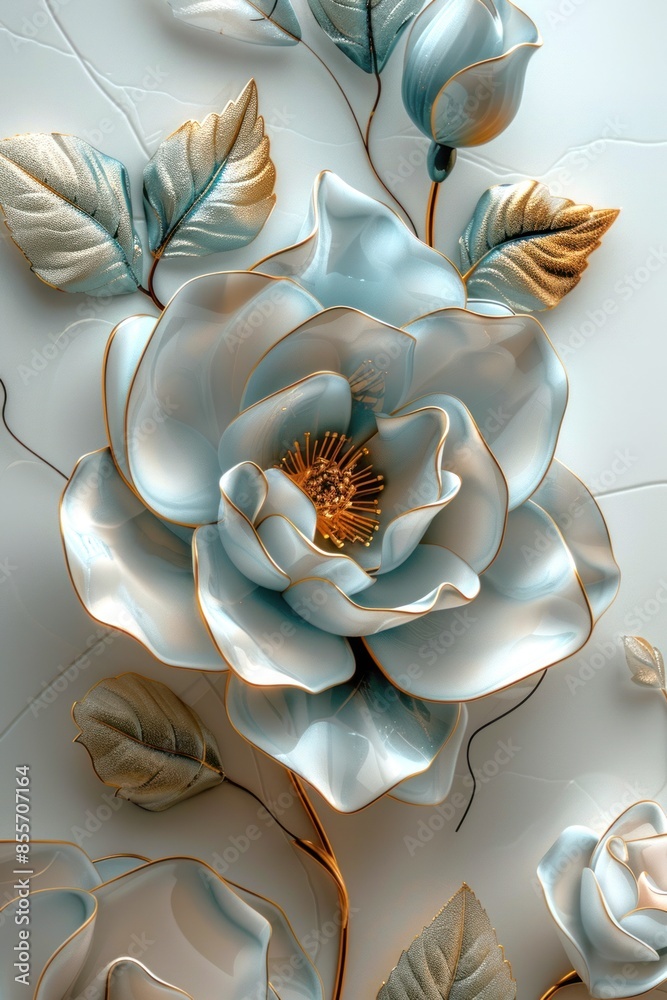 White porcelain flower with blue and gold leaves and buds on a white marble background. White porcelain flower with blue and gold leaves and buds on a white marble background.