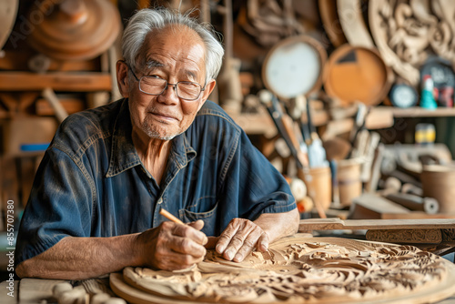 Elderly craftsman meticulously carving an intricate wood design in his workshop, surrounded by woodworking tools and finished pieces
