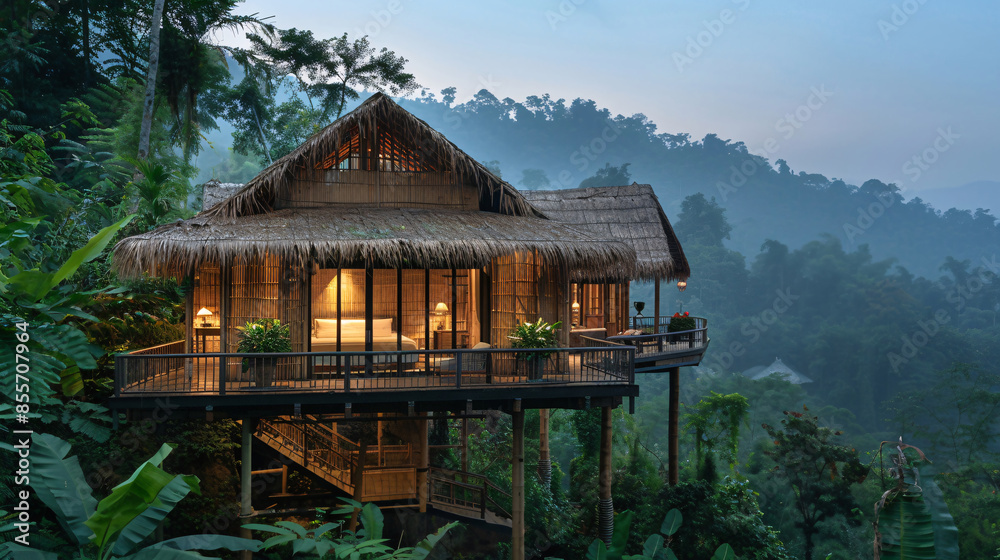 Tree house in jungle at dusk. Generative by AI Tree house in jungle at dusk. Generative by AI