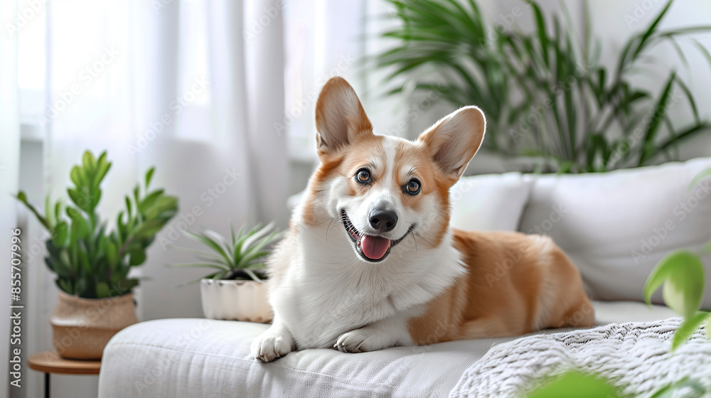 Portrait of a charming corgi dog sitting on a sofa in a bright modern room against the background of a window. Cute puppy close-up. A beloved pet, taking care of pets. Veterinary and grooming