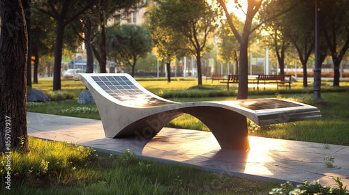 Solarenergie in öffentlichen Parks als Sitzbank Bank Liegefläche aus geschwungenen gebogenen runden anpassungsfähigen Solarmodulen Handy laden im Park Generative AI photo
