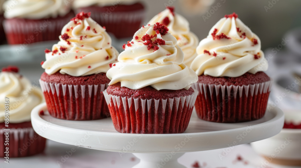 Red velvet cupcakes with cream cheese frosting, displayed on a white cake stand Red velvet cupcakes with cream cheese frosting, displayed on a white cake stand