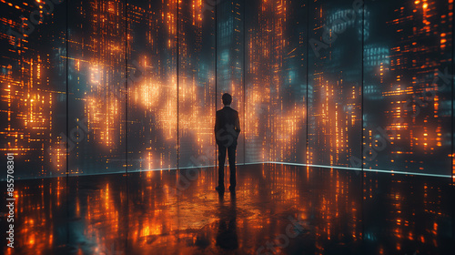 A man stands in front of a wall of glowing lights