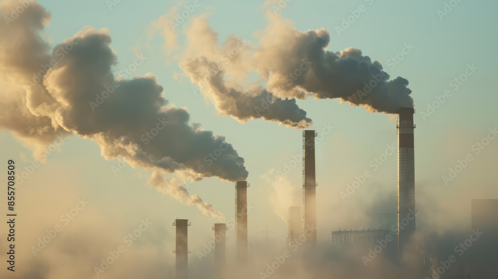 Multiple smokestacks release plumes of smoke into the air at dawn. The sky is hazy with a soft light Multiple smokestacks release plumes of smoke into the air at dawn. The sky is hazy with a soft light