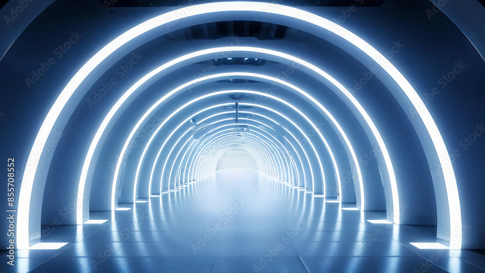 White background 3D room light abstract space technology tunnel stage floor. Empty white future 3D neon background studio futuristic corridor render modern interior silver road black wall design gray White background 3D room light abstract space technology tunnel stage floor. Empty white future 3D neon background studio futuristic corridor render modern interior silver road black wall design gray