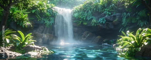 A cascading waterfall, its crystal-clear water plunging into a tranquil pool surrounded by lush greenery.