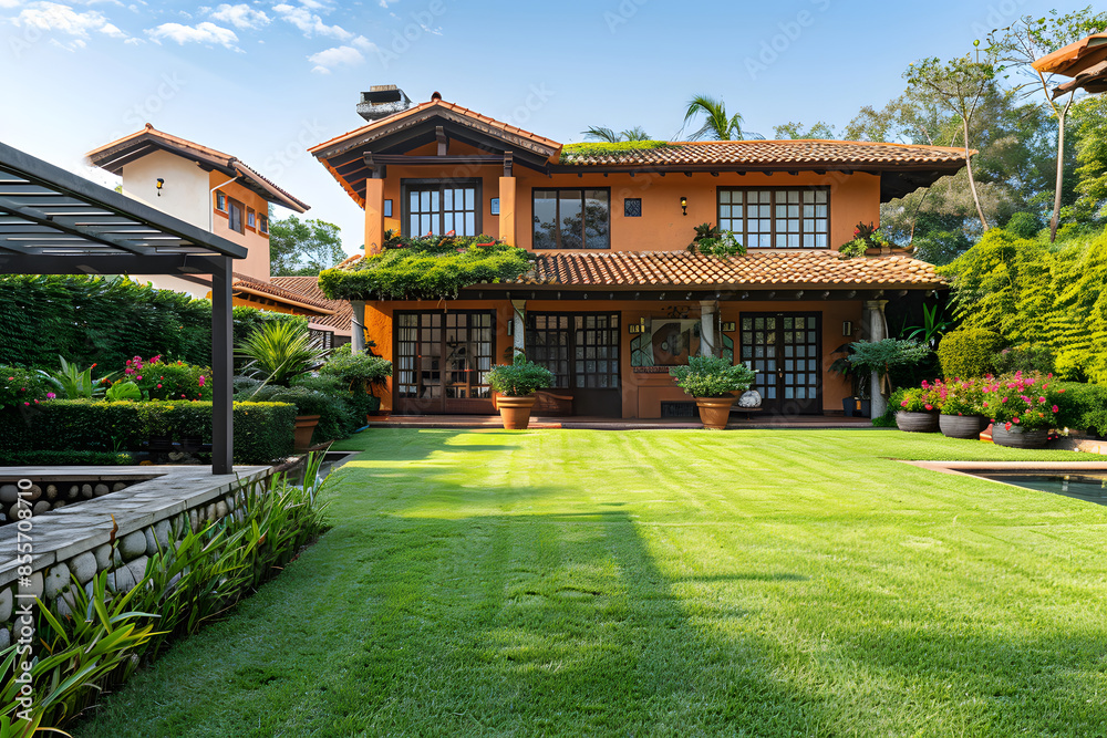 Neat Home With Expansive Lawn. Generative by AI Neat Home With Expansive Lawn. Generative by AI