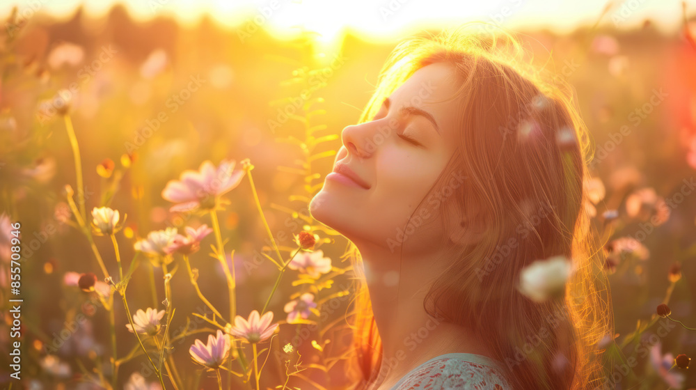 Fototapeta premium A woman with her eyes closed stands in a field of flowers as the sun sets, creating a warm and golden glow