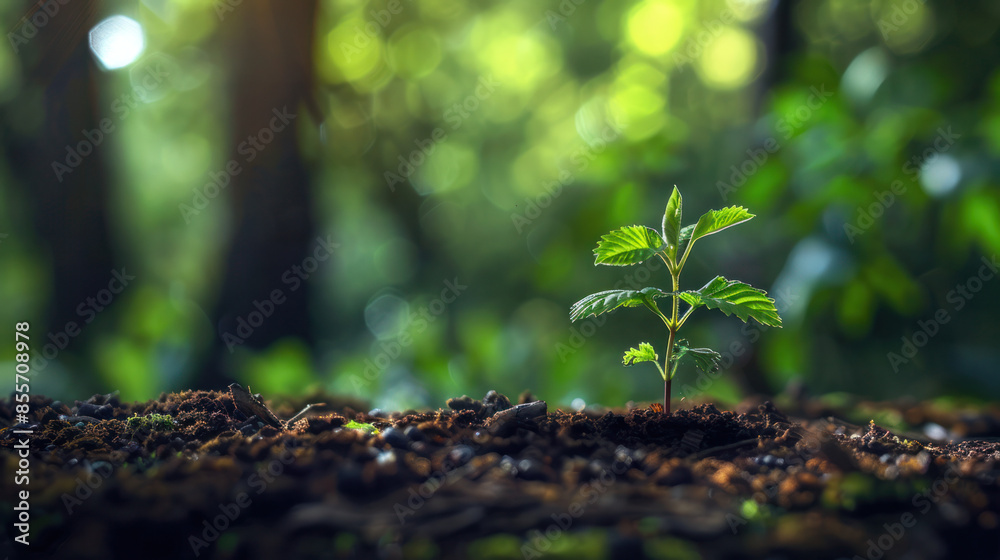 A young sapling grows in rich forest soil, bathed in dappled sunlight. The blurry background suggests a lush and vibrant forest A young sapling grows in rich forest soil, bathed in dappled sunlight. The blurry background suggests a lush and vibrant forest