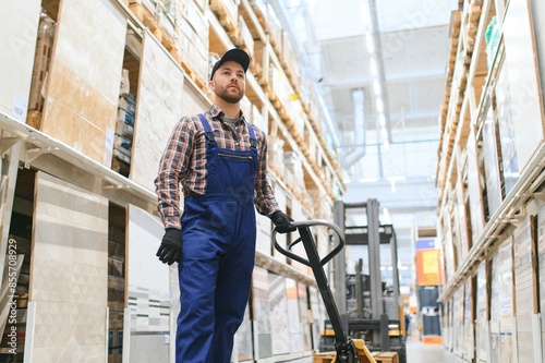 a worker in a hardware store stands in a warehouse