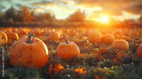 Sunset Over Pumpkin Patch with Fall Leaves and Golden Light